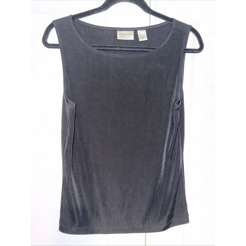 Chicos Travelers Tank Top Women Sz 1 M Black Ribbed Scoop Neck Sleeveless Slinky